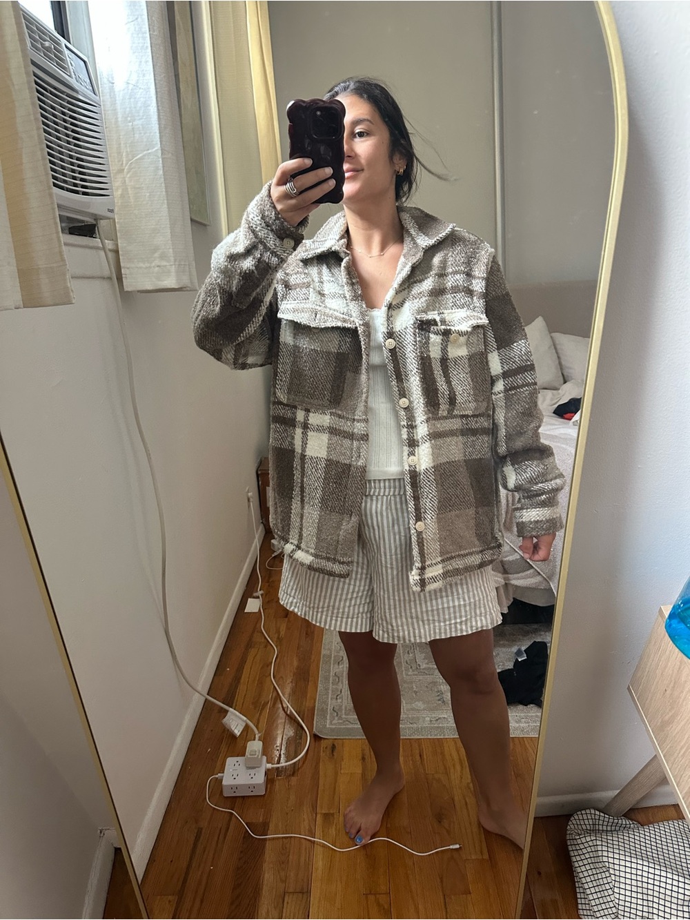 Zara Taupe & White Plaid Teddy Shacket
